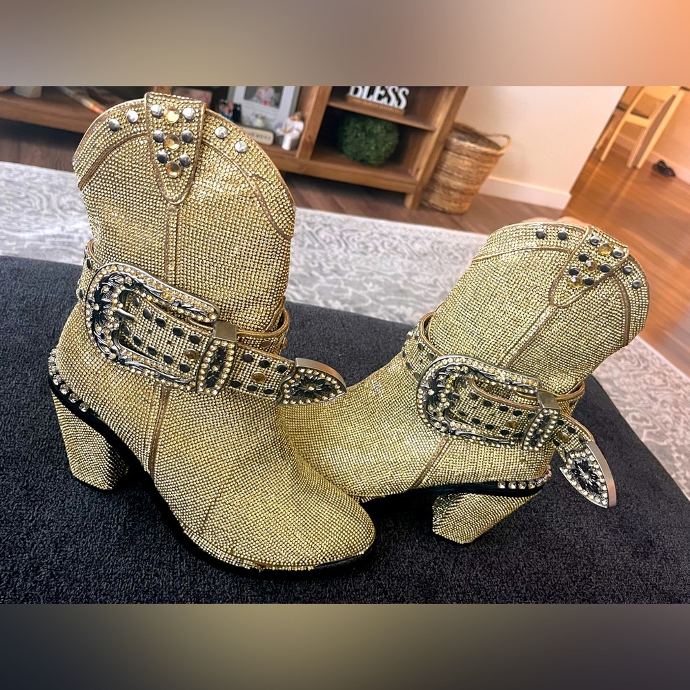 DOLLS KILL belted rhinestone ankle cowboy bootie